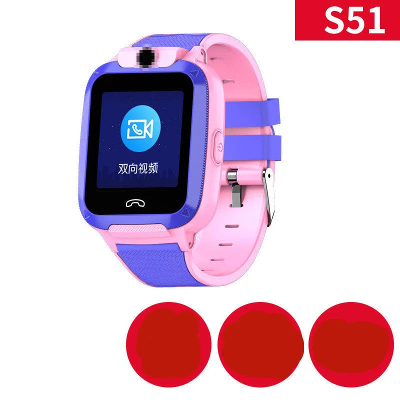 Blue and pink children's smart watch with touch screen for video calls and GPS tracking.