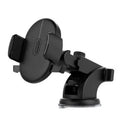 Yellow and black telescopic car phone holder with suction cup mounted on a dashboard.