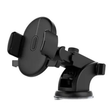 Yellow and black telescopic car phone holder with suction cup mounted on a dashboard.