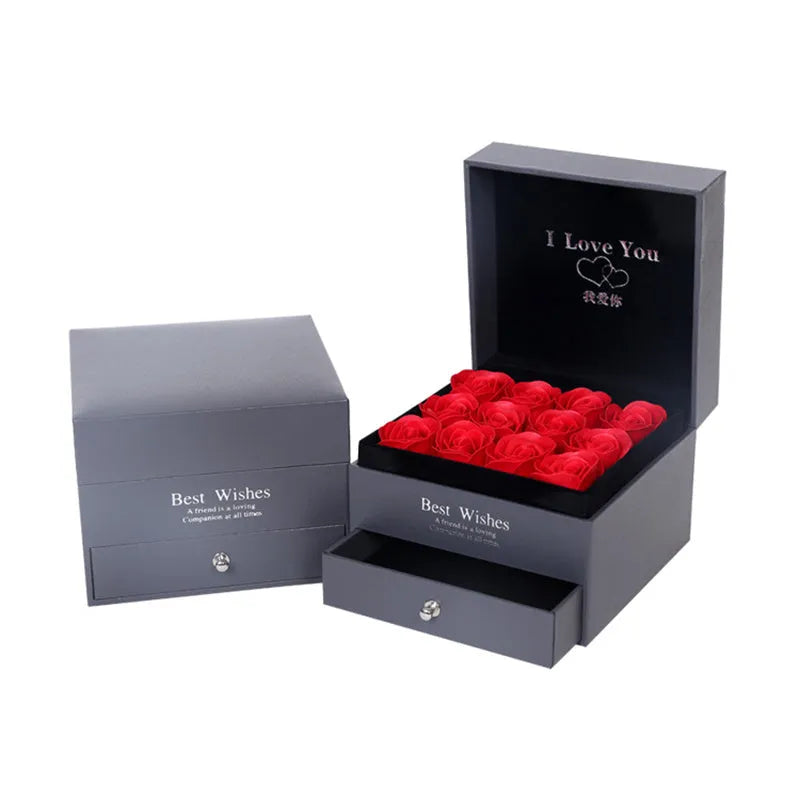 Double-layer silver-plated rose gift box with nine foam latex roses and drawer for jewellery storage