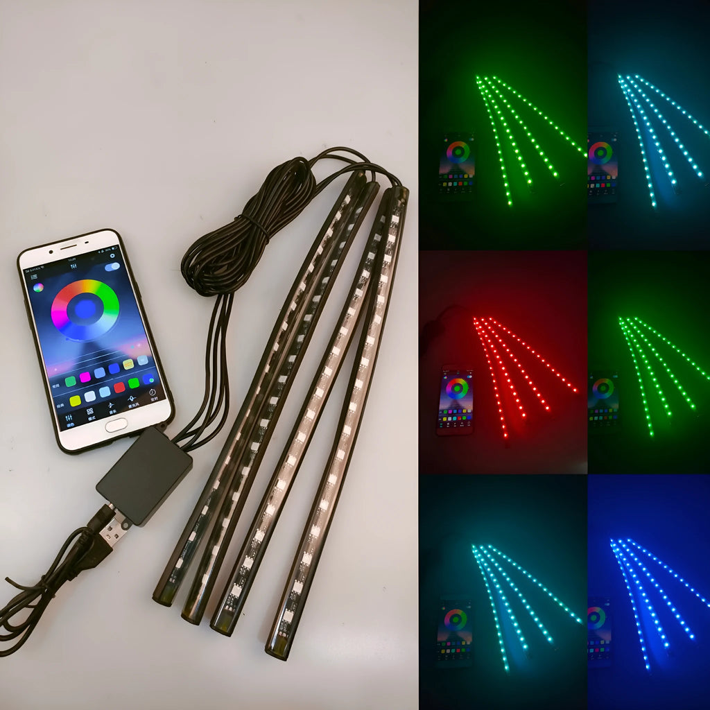 Car interior footwell LED atmosphere lighting kit with 36 lights and controller showing eight colour options