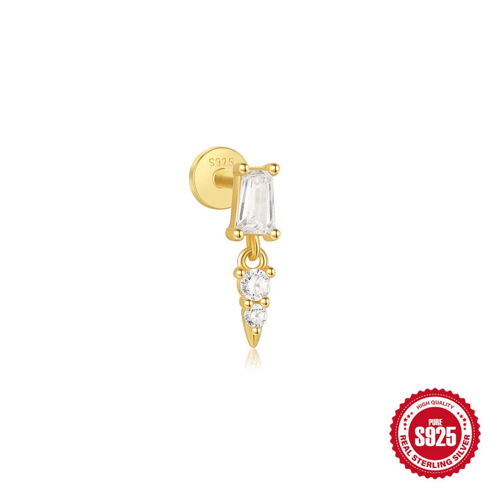 S925 sterling silver ear stud with XINGX inlaid tassel design in a gold colour.