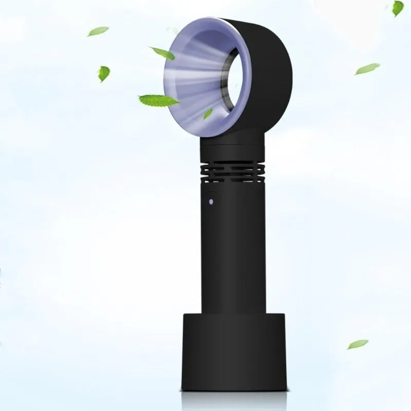 Portable bladeless fan with USB cable and base in assorted colours