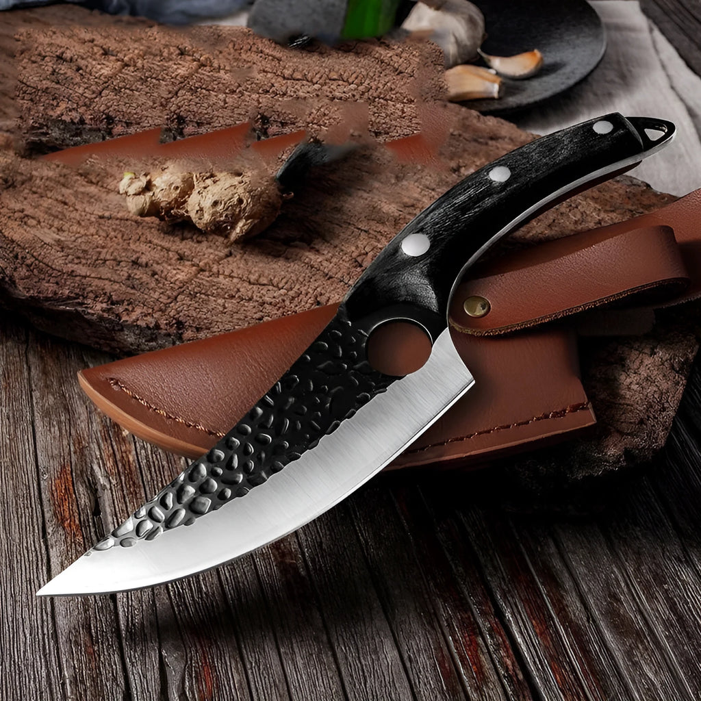 Scimitar-style butcher knife with hammer pattern blade and brown leather sheath.