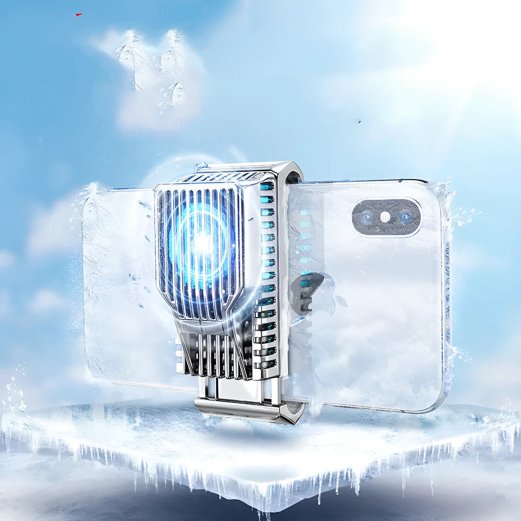 Black mobile phone radiator with clip for 4-7 inch devices showing aluminium cooling fins