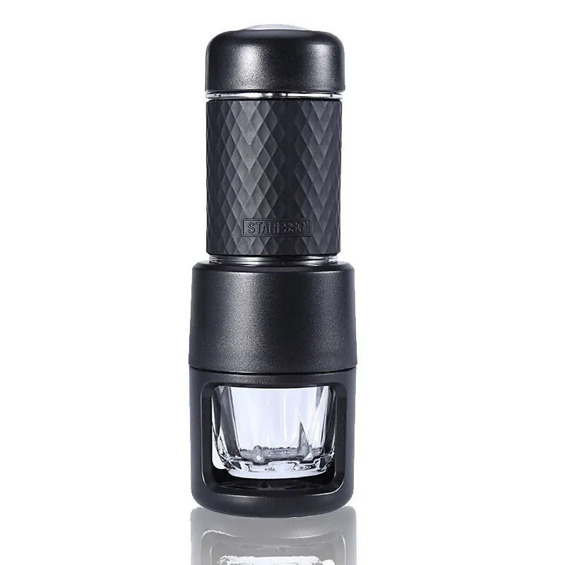 Compact stainless steel portable manual espresso coffee machine in black colour