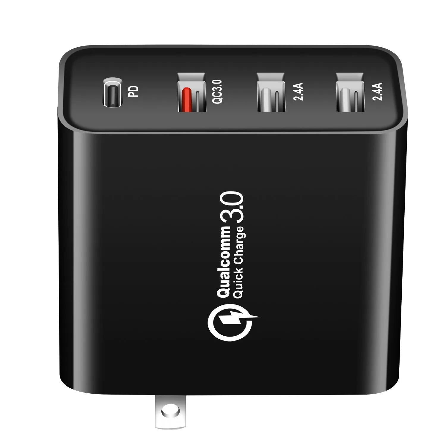 Black 48W USB-C four-port wall charger with UK plug on a white background