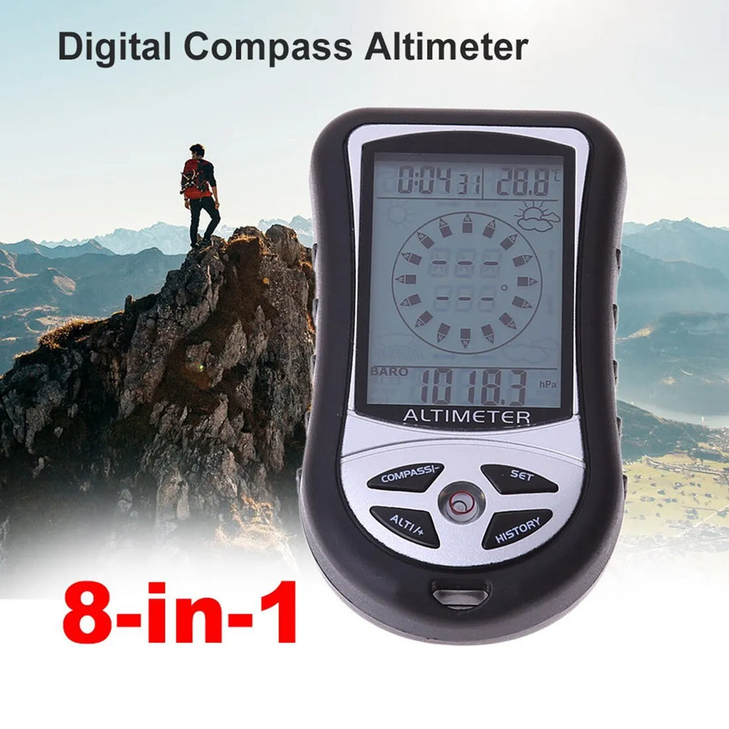 8-in-1 hand-held electronic altimeter with digital barometer, compass and thermometer, ABS body 90x50x20mm