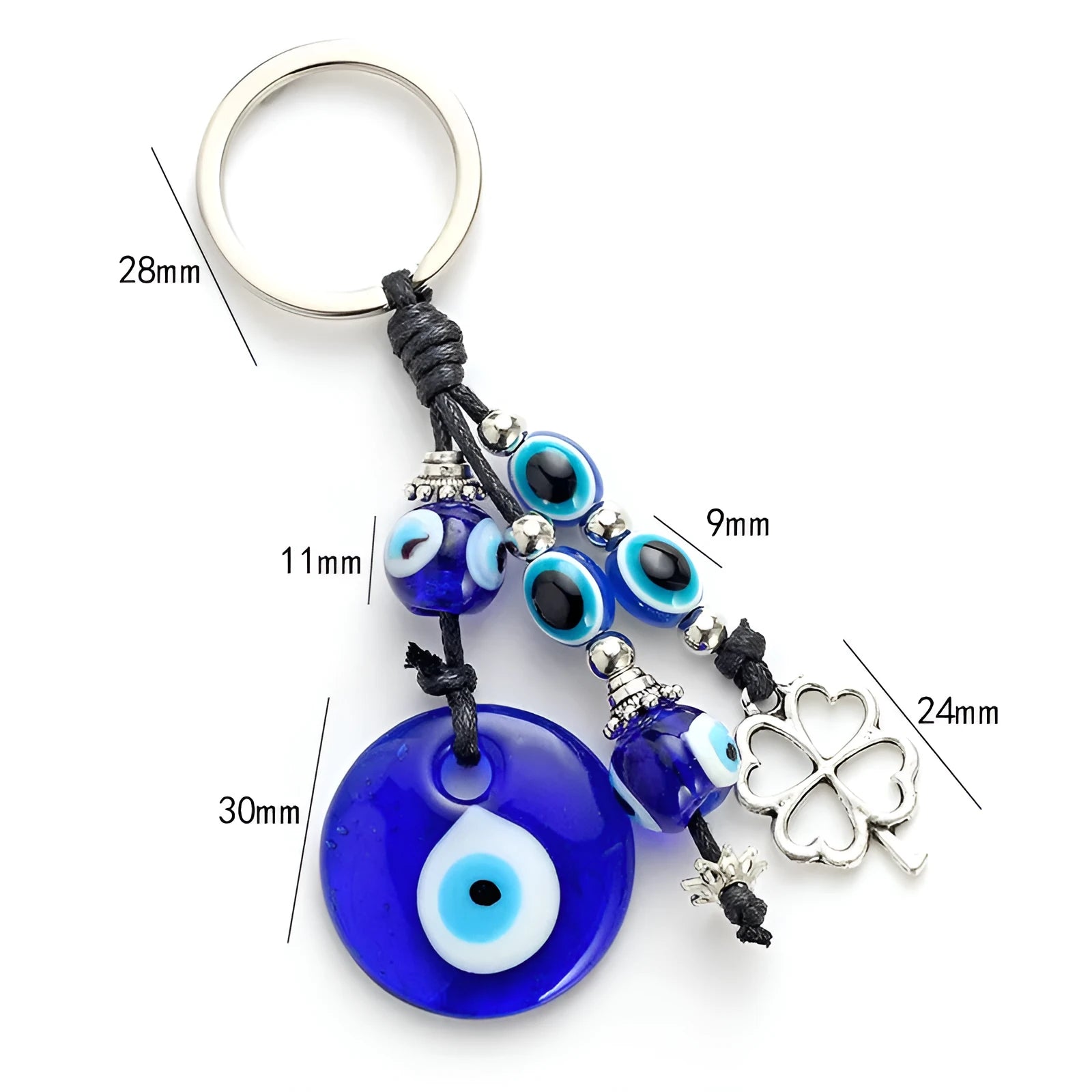 Blue metal eye of evil keychain 4cm pendant with plant-inspired design on grey background