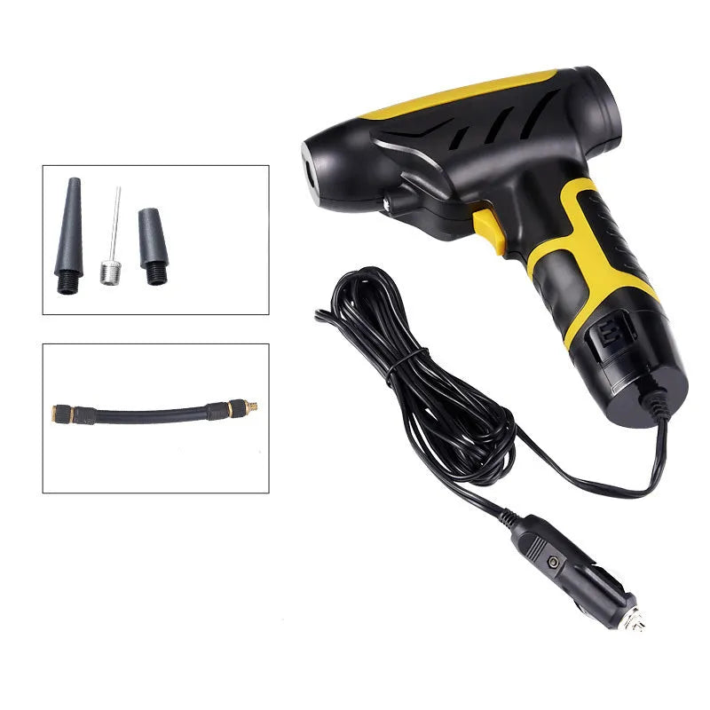 Wireless handheld air pump in black with LED light and pressure gauge, inflating a car tyre
