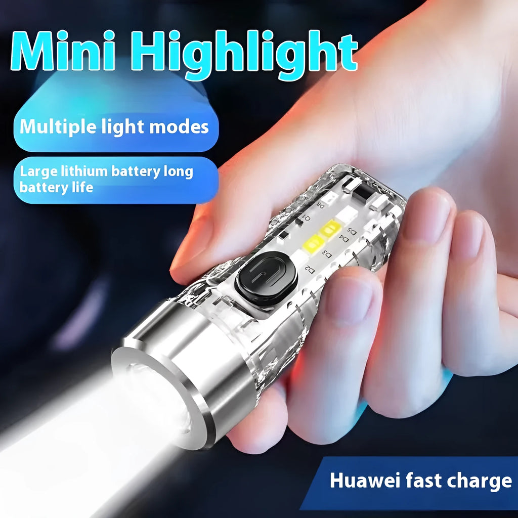 Mini LED keychain flashlight with high-strength ABS shell in transparent colour, shown on a keyring for portable night lighting