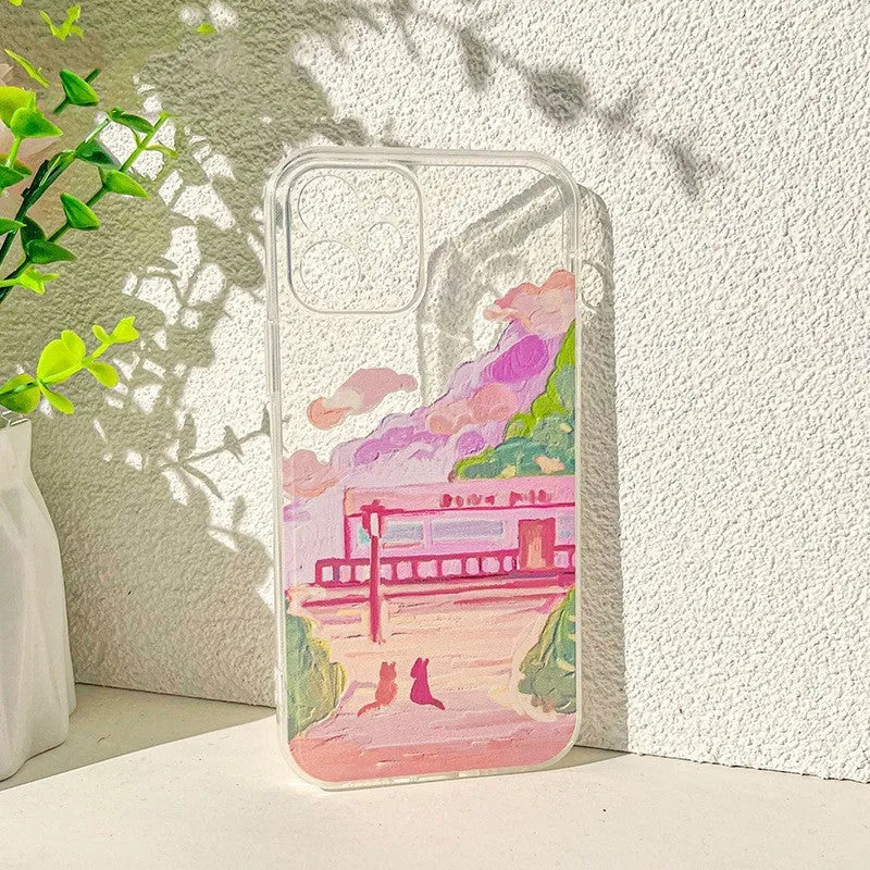 Soft silicone iPhone case with a colour-painted two cat cartoon design on the back.