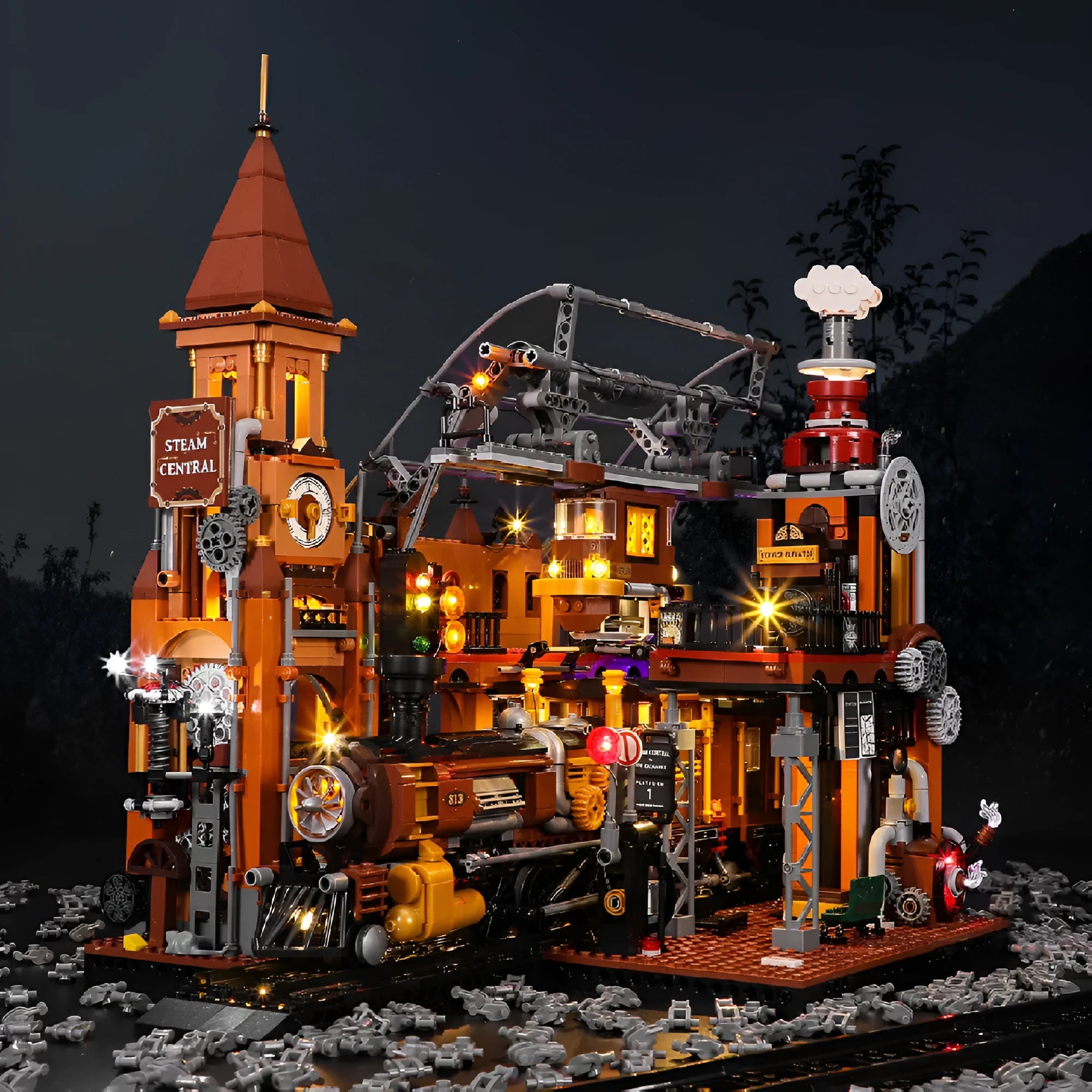 Steampunk train station model built from 1843 plastic blocks with LED lights and flash function
