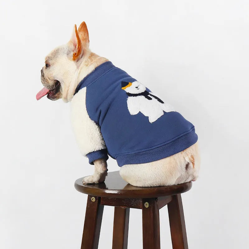 Dark blue fleece-lined cotton winter jacket for large dogs on a white background