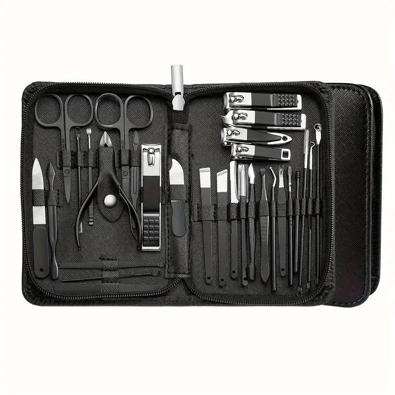 30-piece stainless steel nail beauty tool set in presentation case, colour options shown.