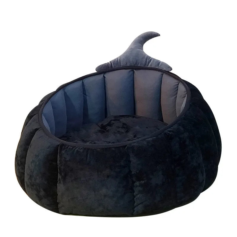 Halloween themed pumpkin cartoon devil design soft plush cat bed for cats and small dogs in black colour.