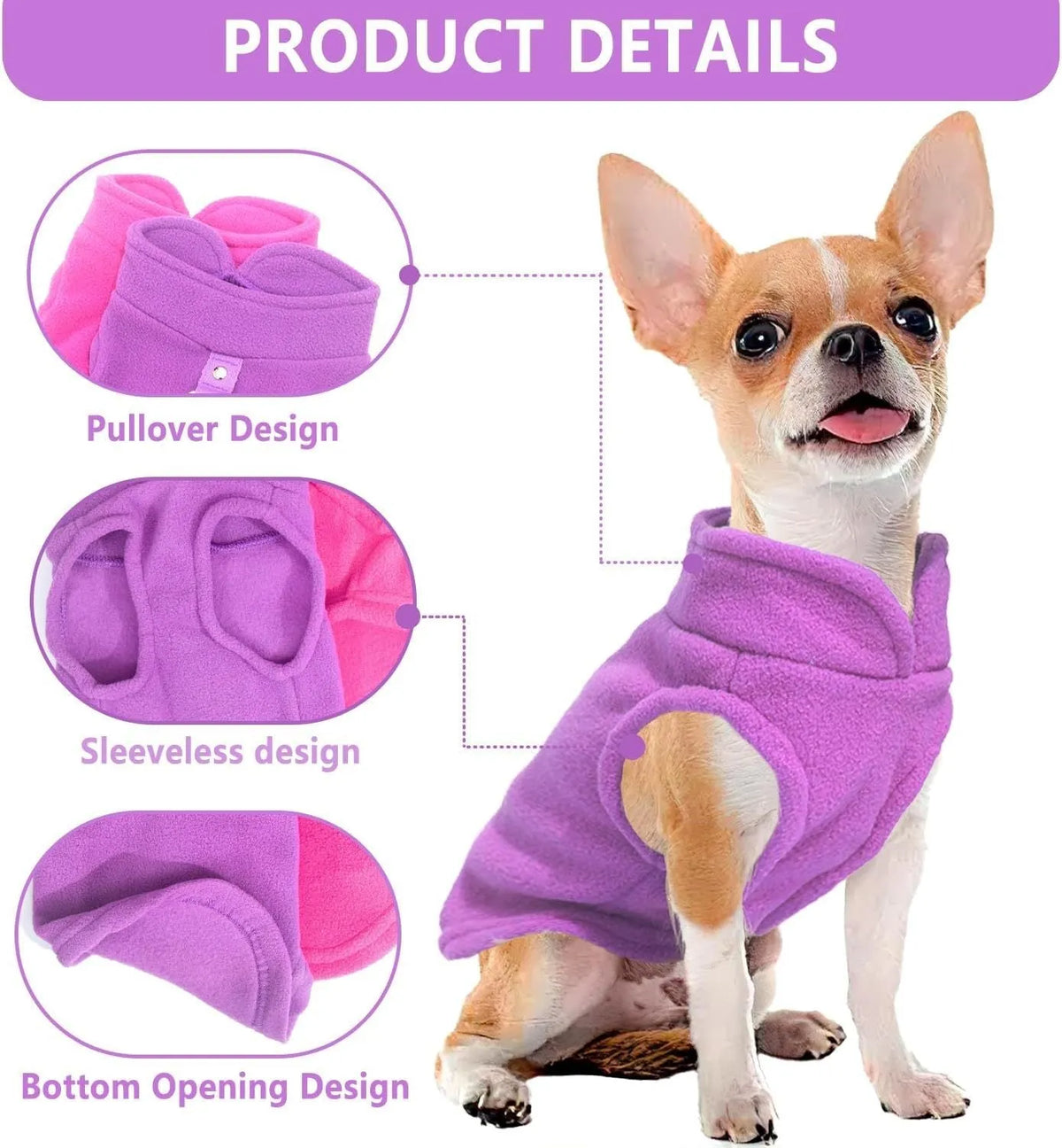 Two warm fleece dog sweaters with D-ring for leash attachment, suitable for small breeds in autumn and winter