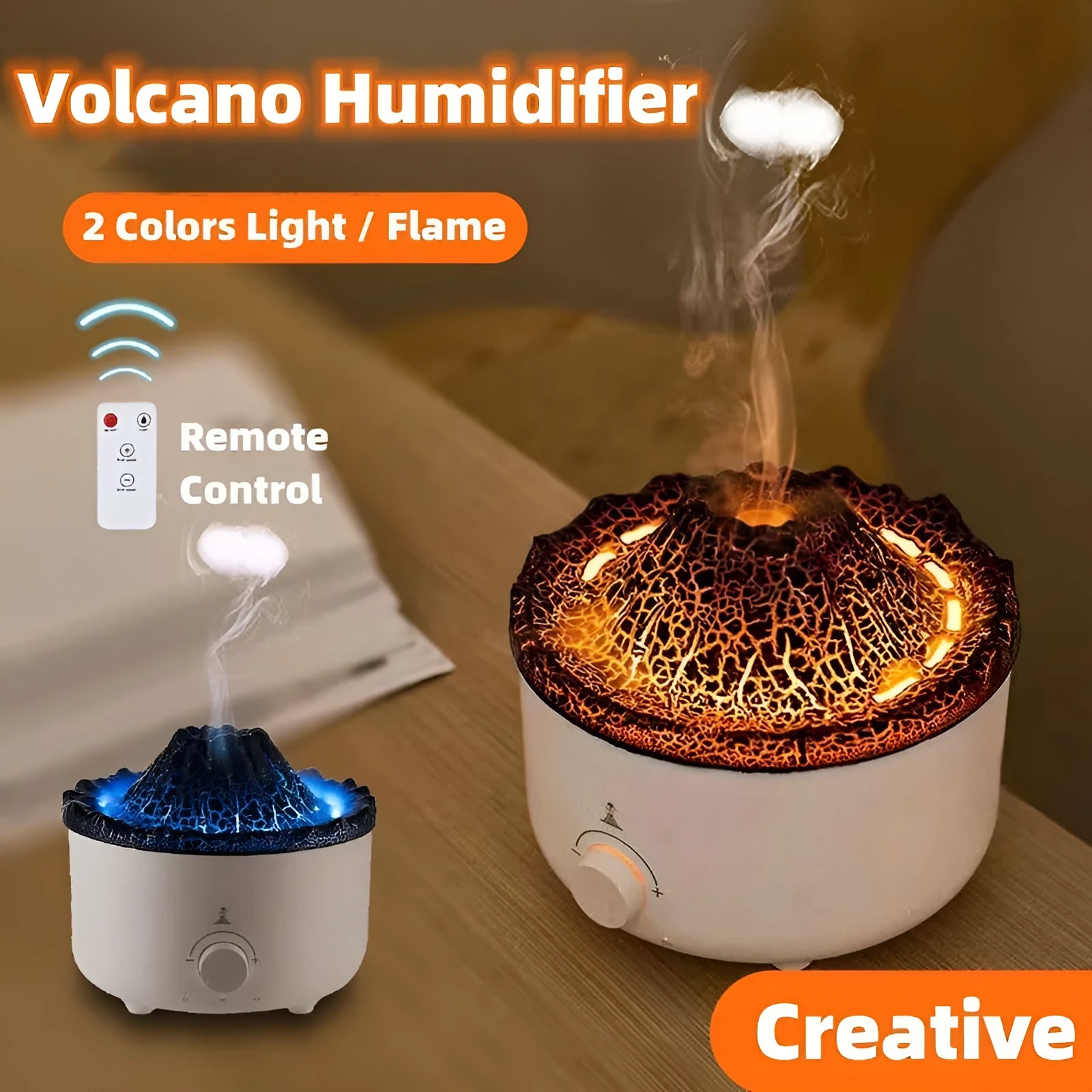 White columnar volcanic humidifier with simulated flame lighting and remote control