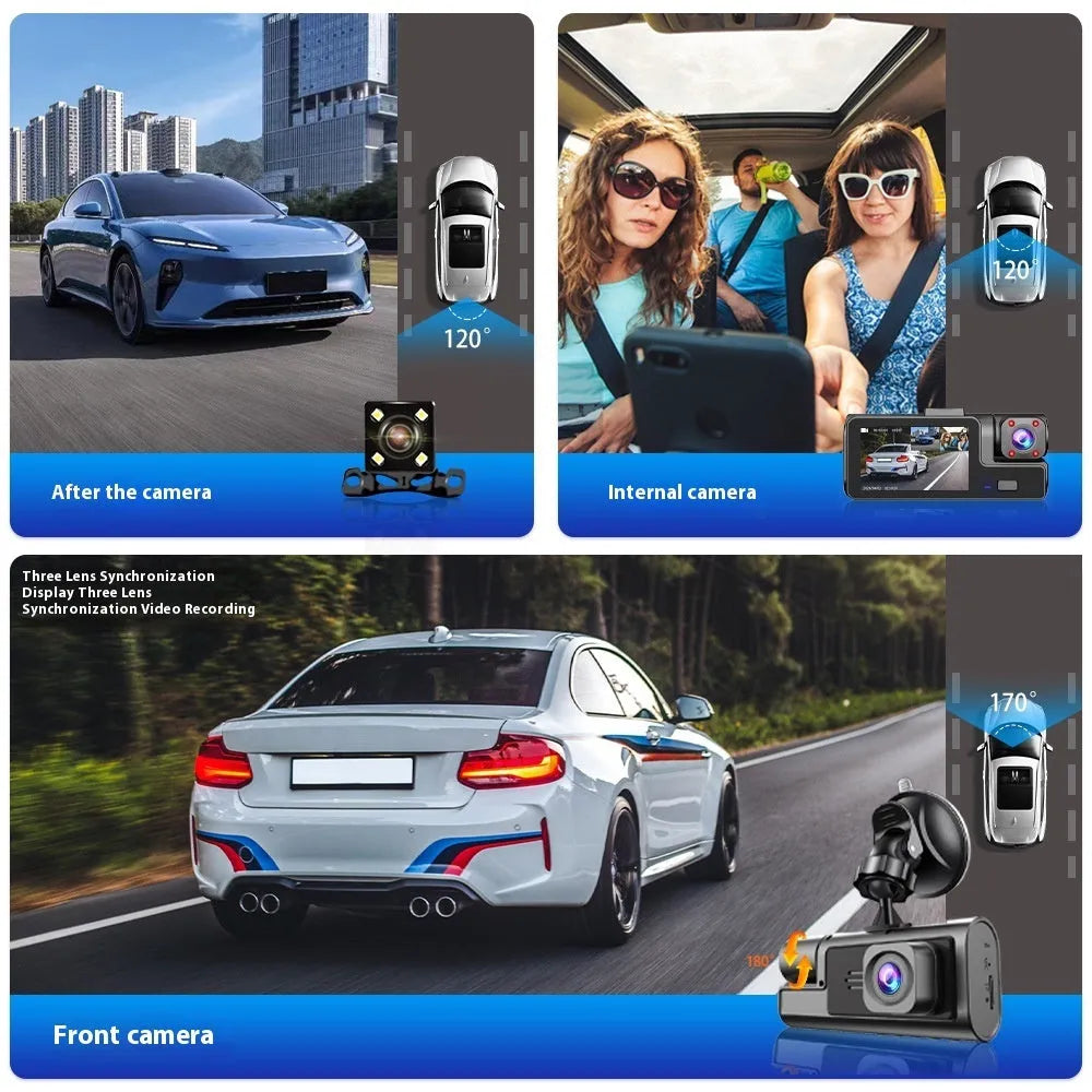 Black front and rear Wi-Fi car dash cam with 2.0 inch screen mounted on windscreen, showing rear camera feed.