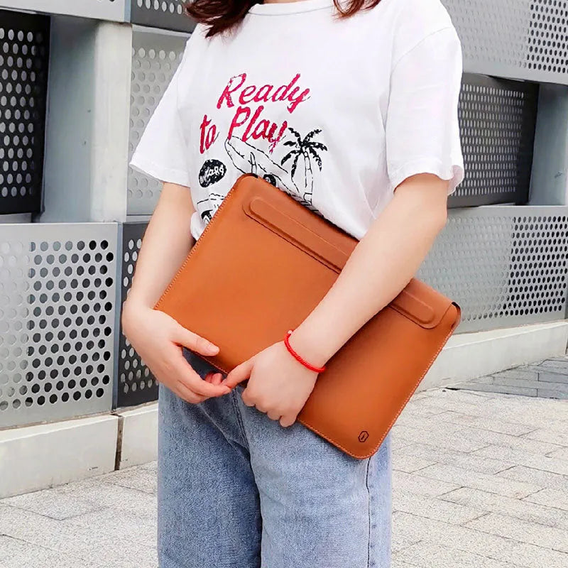 Dark blue PU leather notebook liner case with soft handle and hook and loop closure for 13.3 inch tablet