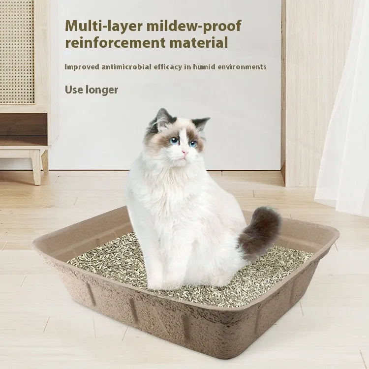 Brown disposable biodegradable cat litter box shown in one of three available sizes.