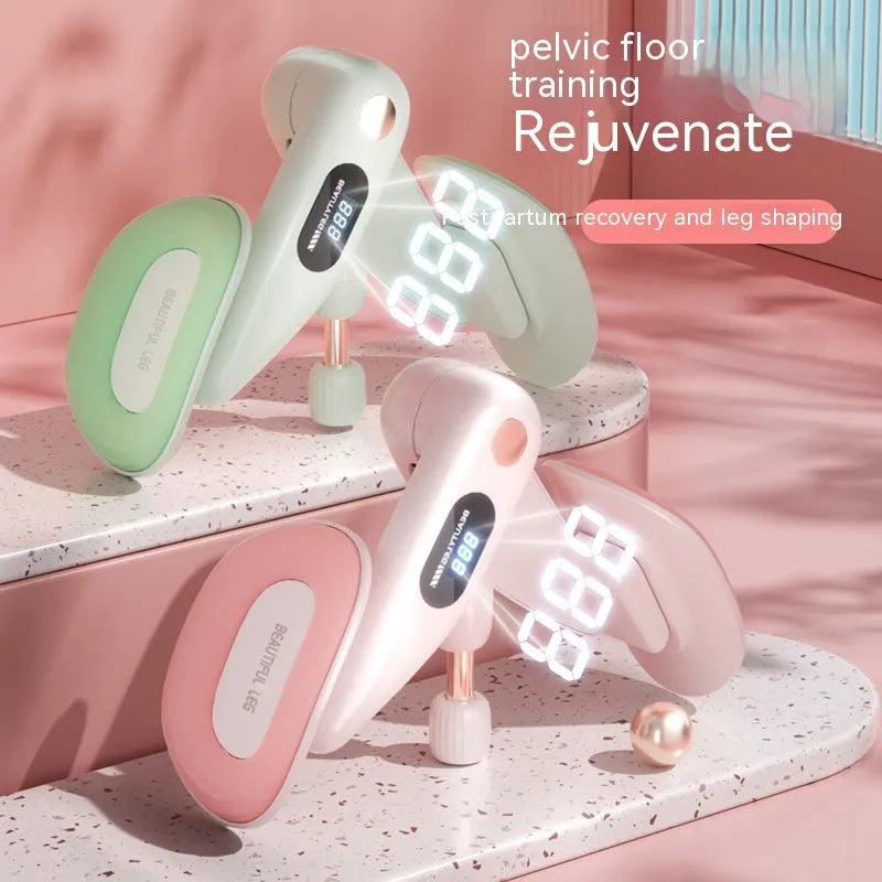 Pelvic floor muscle training device with electronic counter in blue, grey, green, or pink colours