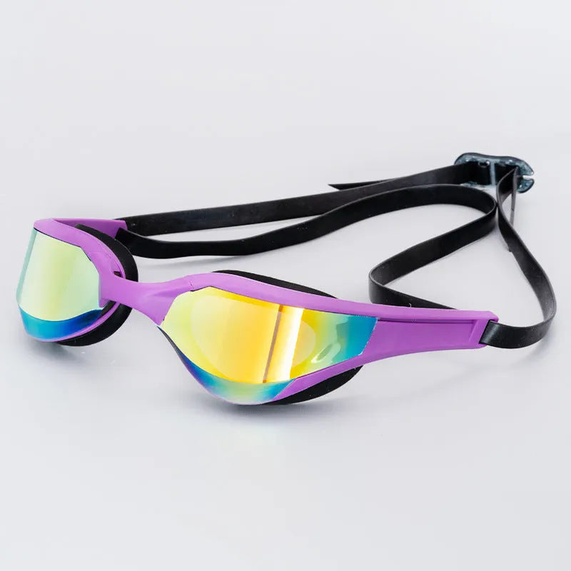 Racing HD anti-fog swimming goggles with polycarbonate lenses and silicone seal, shown with adjustable nose bridges.