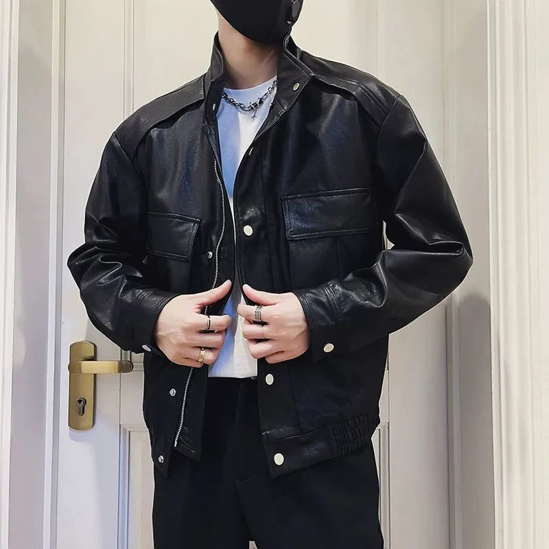 Korean-style men's black PU leather jacket with straight hem and side pockets