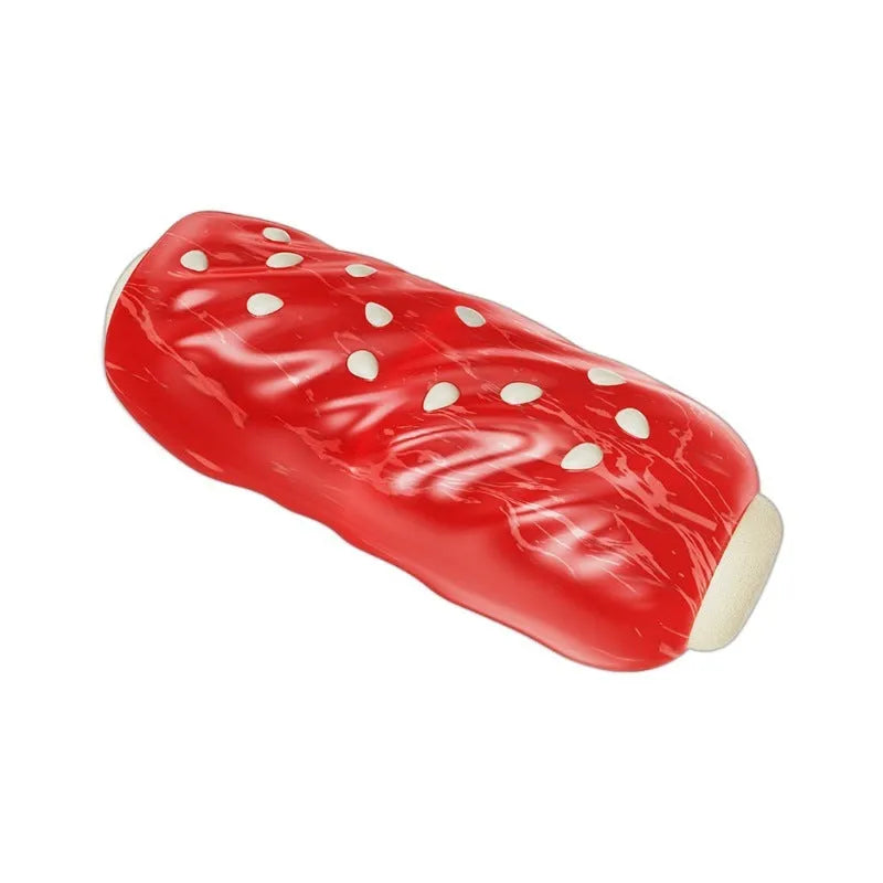 A primary-coloured plastic rod-shaped dog chew toy on a white background.