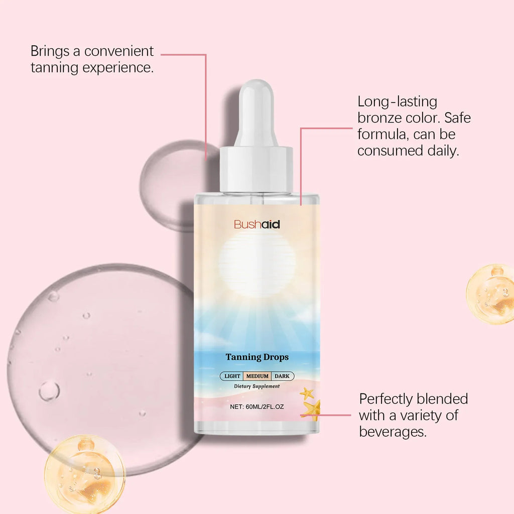 60ml tanning drops in white packaging with dropper for no-sunlight application