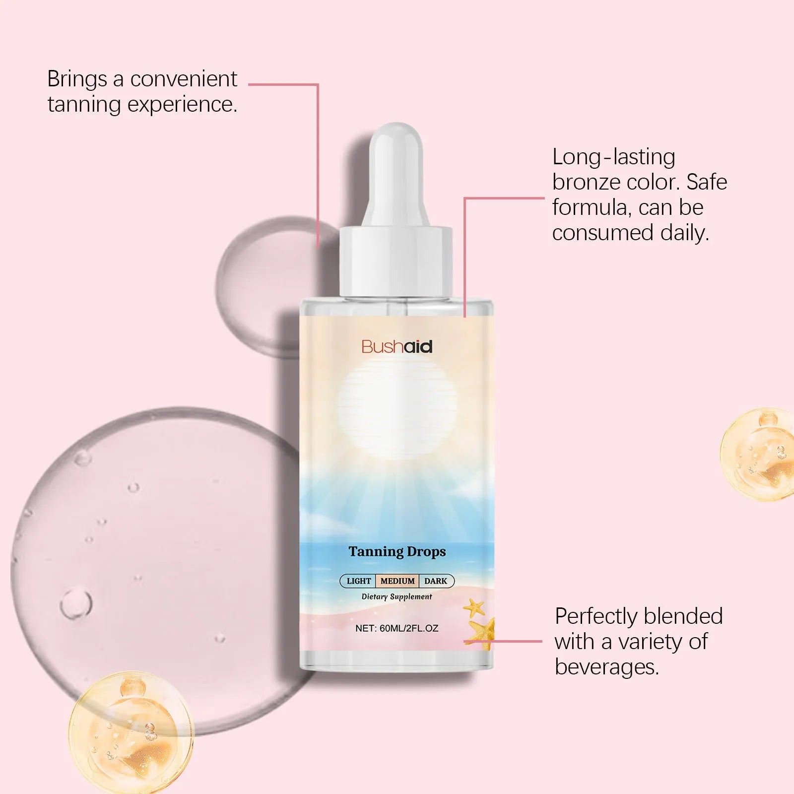 60ml tanning drops in white packaging with dropper for no-sunlight application