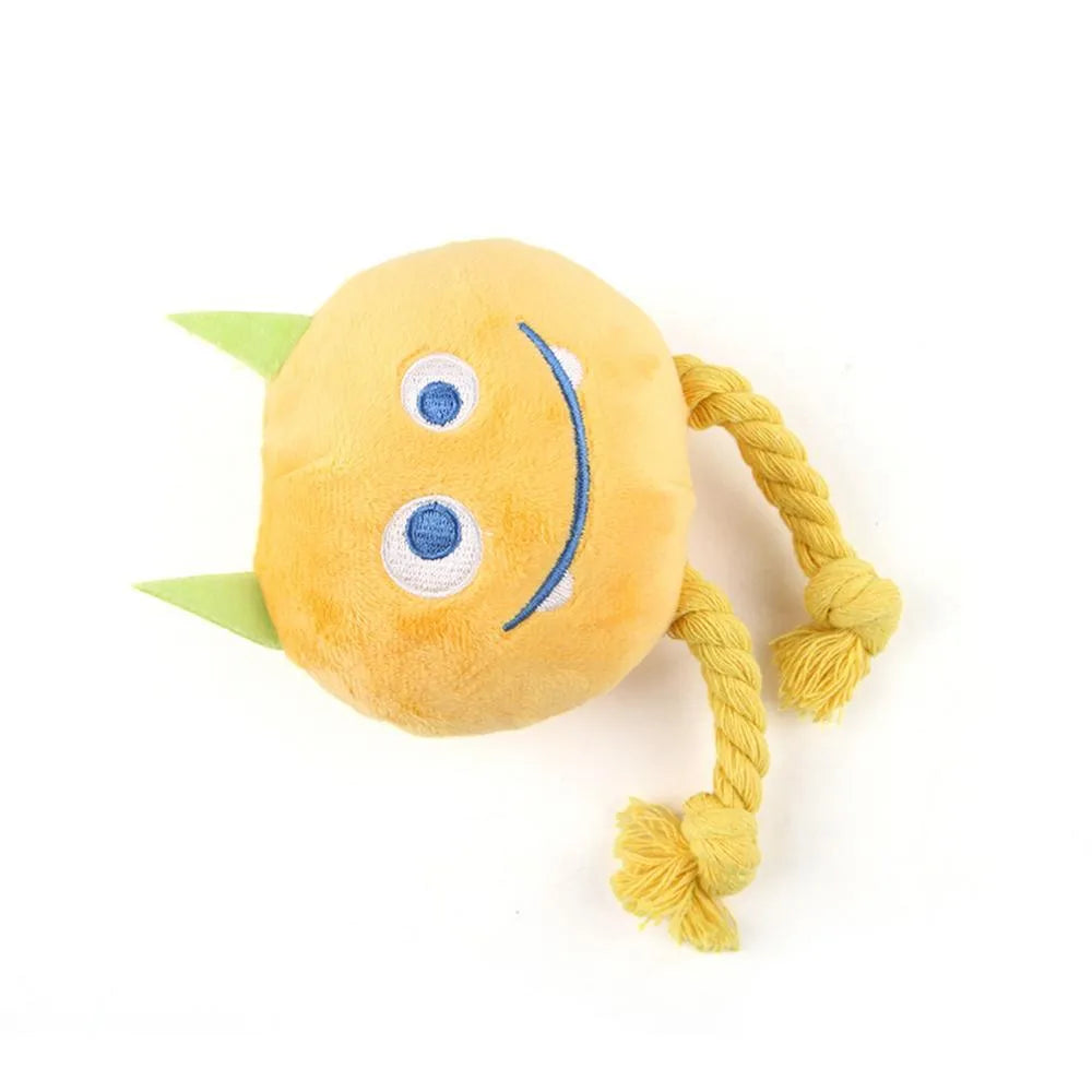 Blue and yellow dog squeaky toy with knot design made from cotton rope and PP cotton filling
