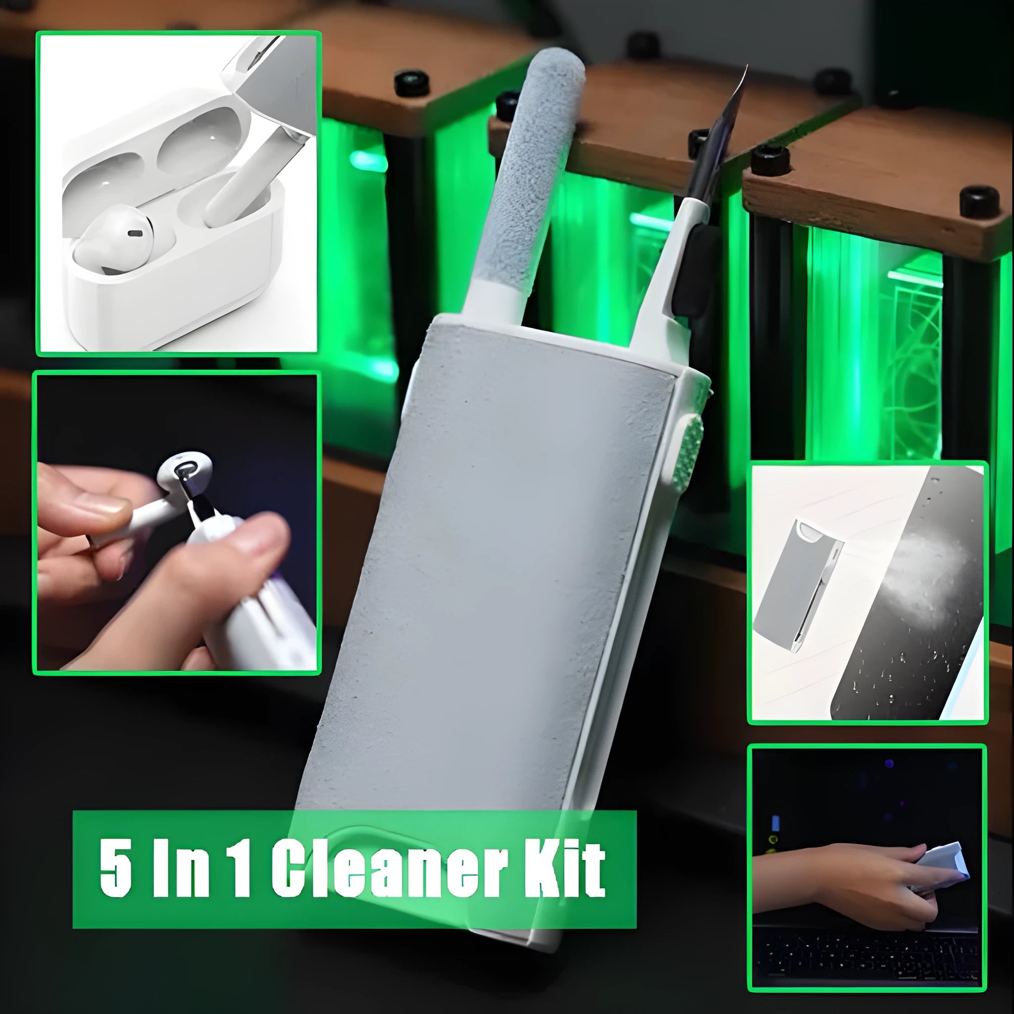 5-in-1 electronics cleaning pen with flocking sponge, brush and metal tip for phones and earphones
