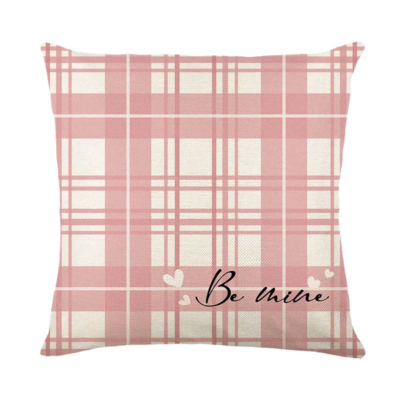 Red and white plaid square pillow with heart pattern on a grey sofa, 45cm pillow cover with insert.