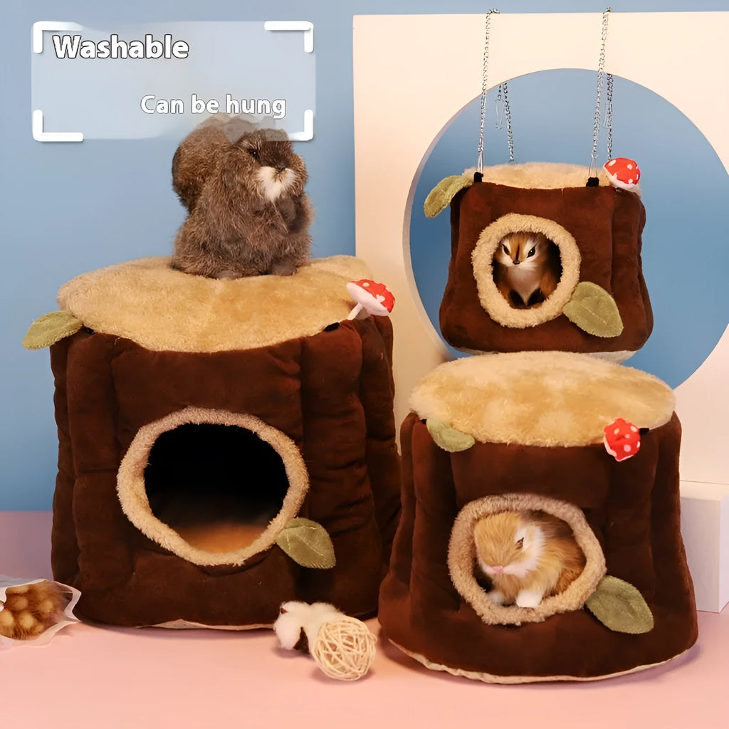 Brown cloth hanging stump nest for rabbits, shown in small, medium, and large sizes.