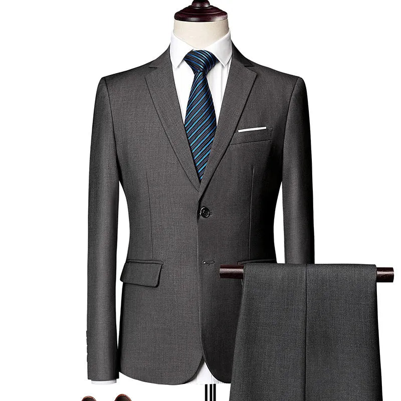 Men's loose fit business casual suit two-piece set in polyester, available in multiple colours and sizes M-5XL
