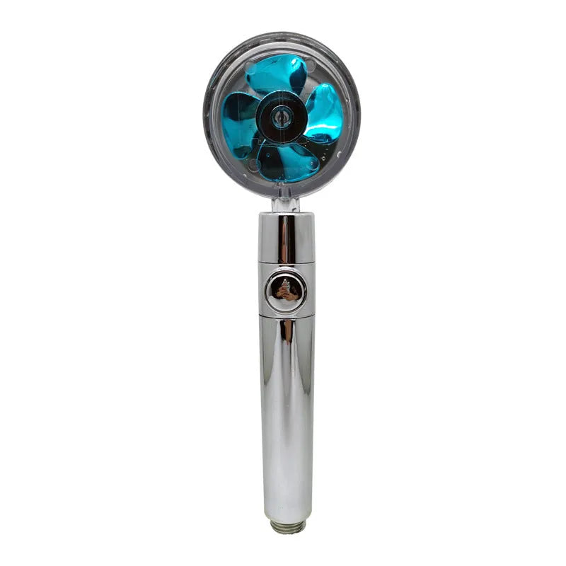 Blue handheld shower head with stop button and turbo nozzle on a chrome bracket.