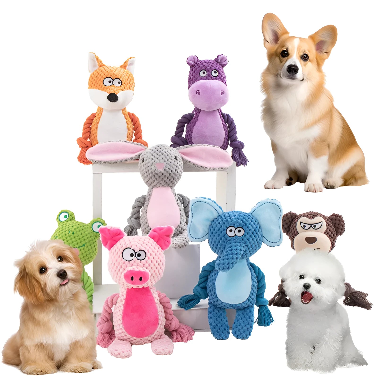 Plush dog toy with rope and squeaker in hippo design for tug-of-war play.