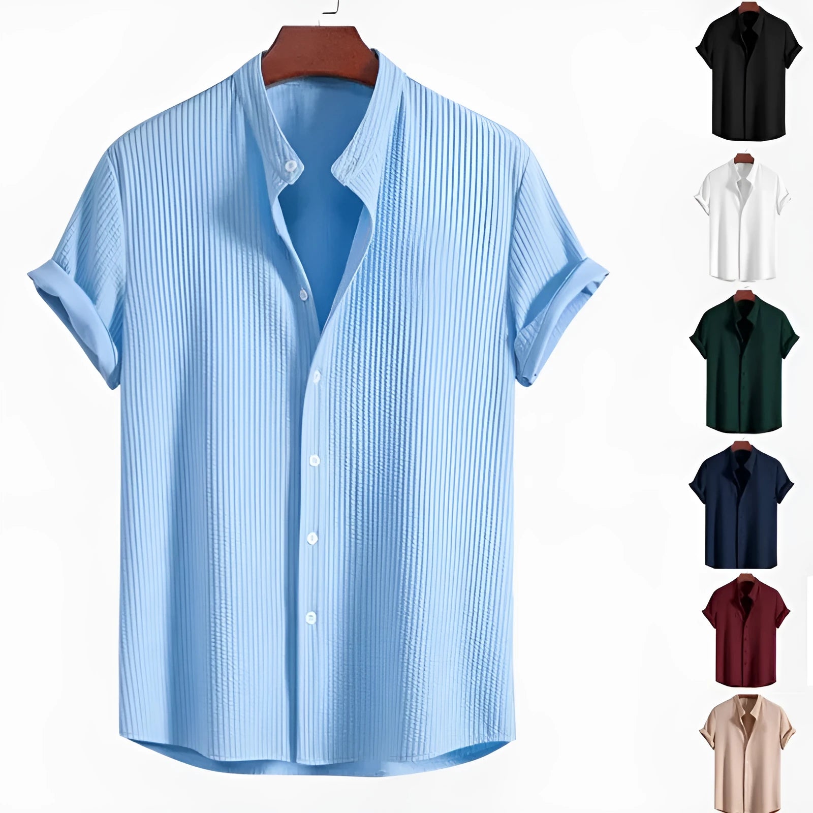 Men's loose-fitting short sleeve shirt in light blue polyester fabric on a hanger.