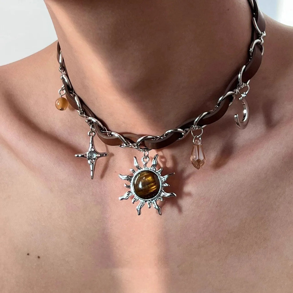 Punk Love rivet metal leather collar necklace with electroplated alloy geometric butterfly pendant and regular chain