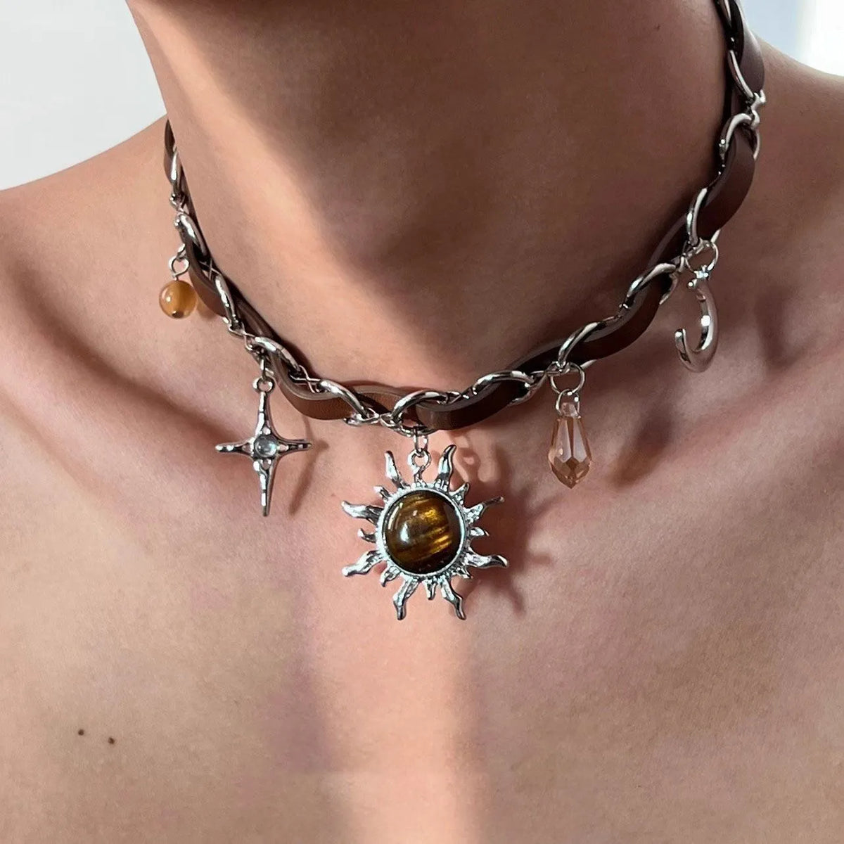 Punk Love rivet metal leather collar necklace with electroplated alloy geometric butterfly pendant and regular chain