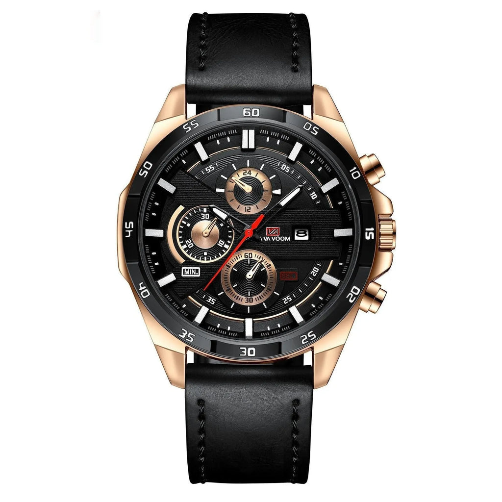 Men's slim casual watch with leather strap, showing rose gold case and white dial face option.