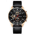 Men's slim casual watch with leather strap, showing rose gold case and white dial face option.