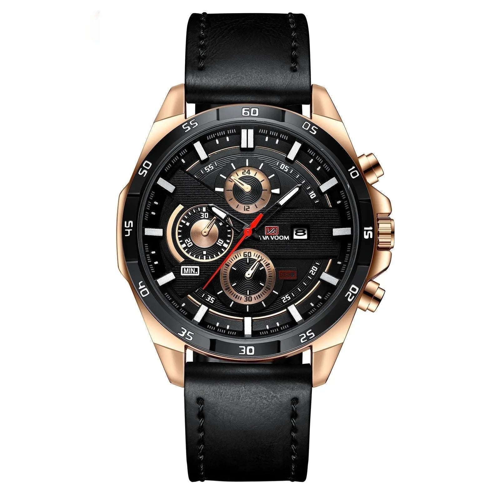 Men's slim casual watch with leather strap, showing rose gold case and white dial face option.