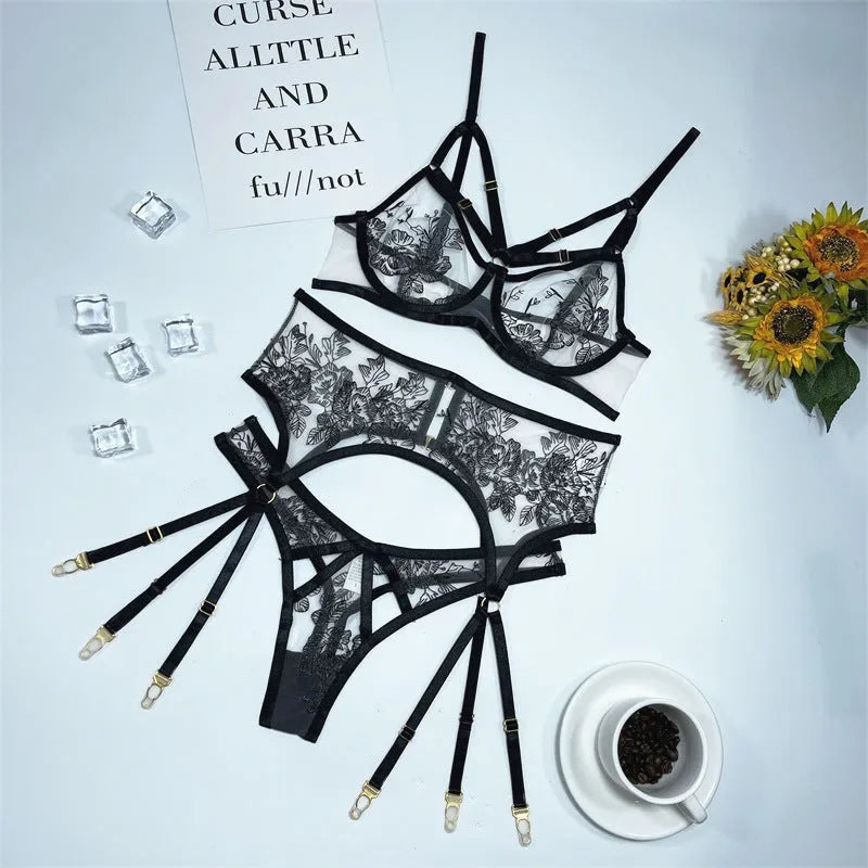 Black lace mesh floral print three-piece women's set with top, pants, and waist ring