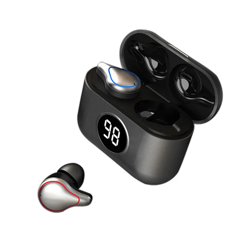 Black and blue in-ear Bluetooth wireless headset shown on a white background.
