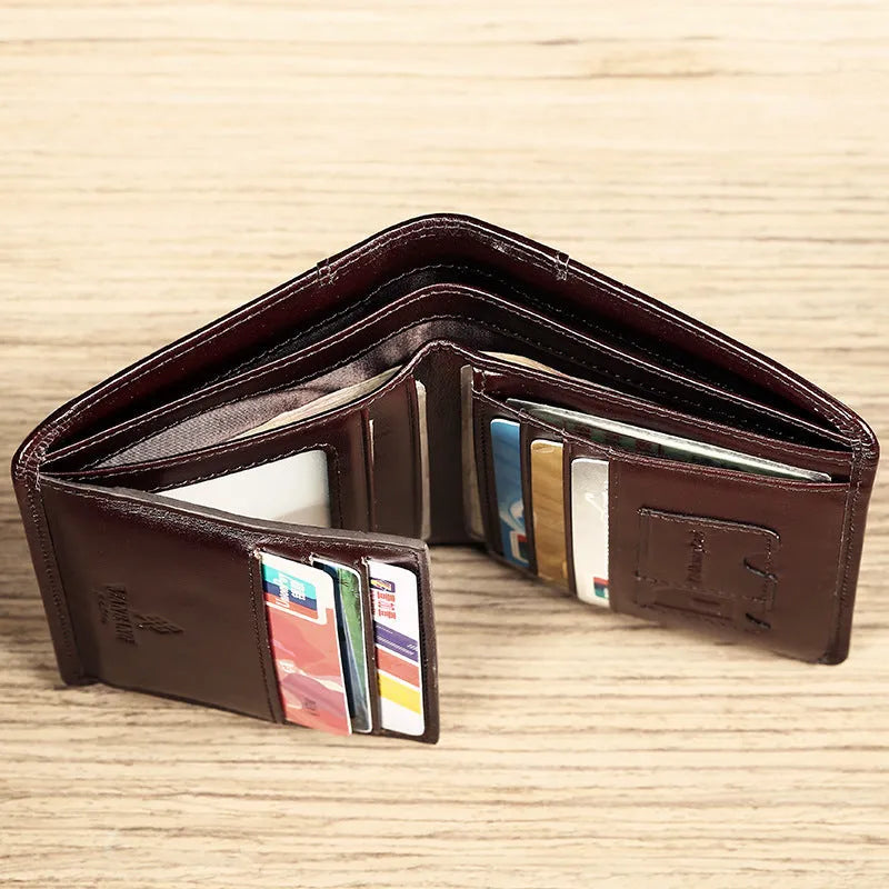 Men's black full-grain leather bifold wallet showing open interior with card slots and an exterior zippered coin pouch.