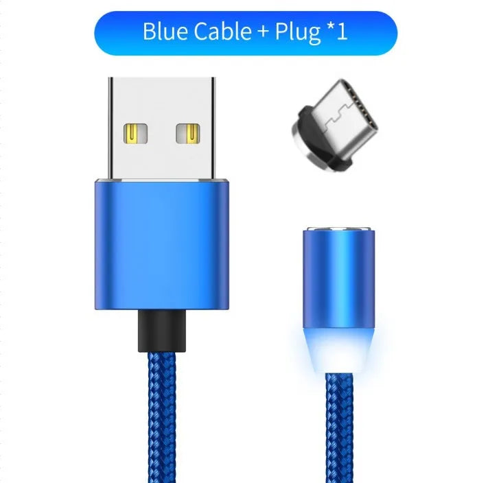 1 metre magnetic LED charging cable with cotton woven cord and three-in-one connector in aluminium shell