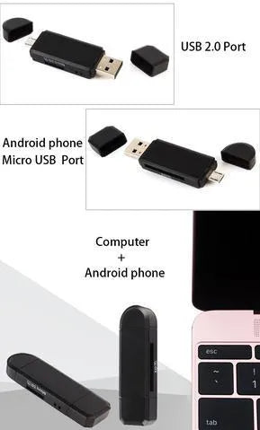 Black three-in-one card reader with Micro USB and USB 2.0 plugs, SD and Micro SD slots, 9g ABS body