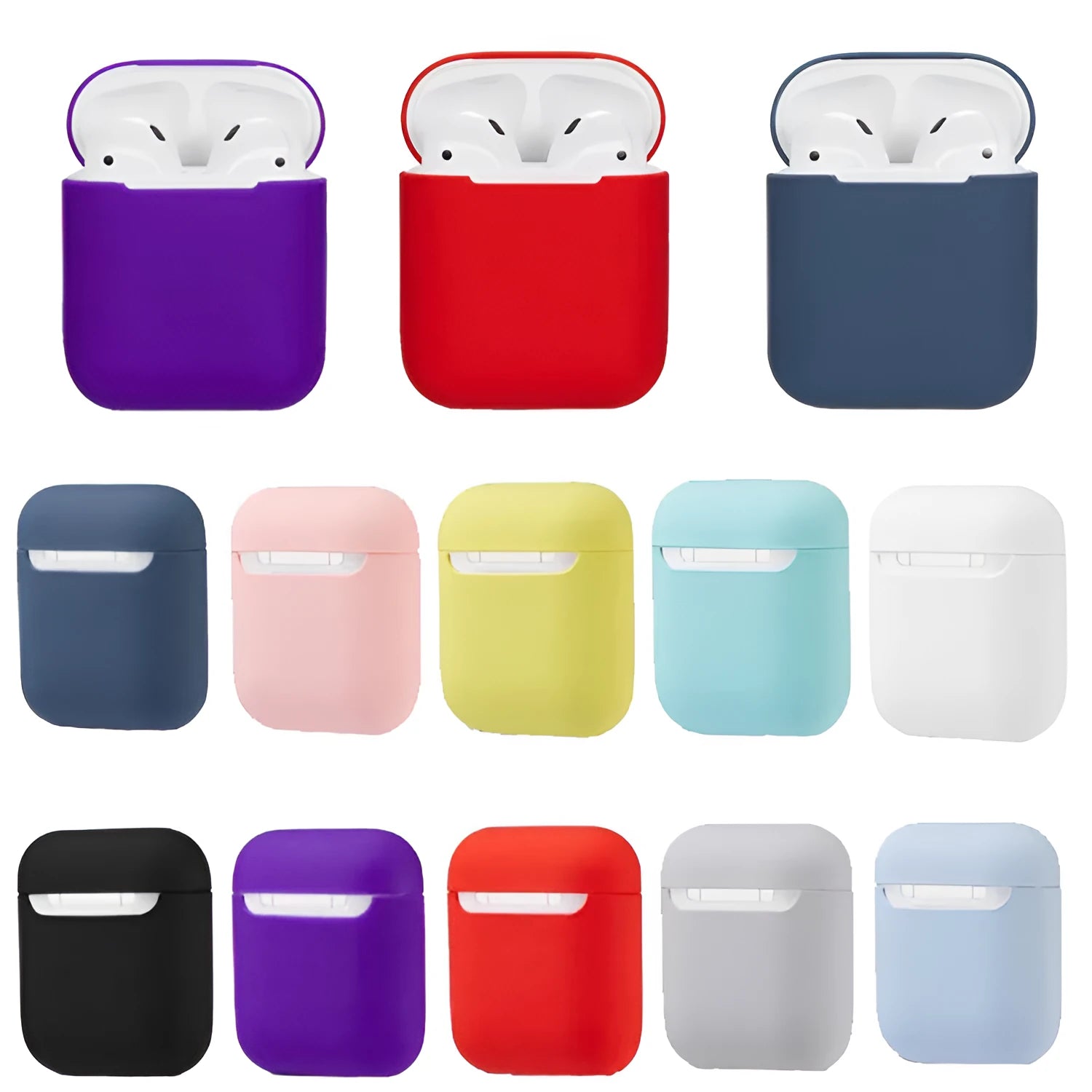 Soft silicone protective case for Apple AirPods charging case in multiple colours including black, grey, pink, and blue.